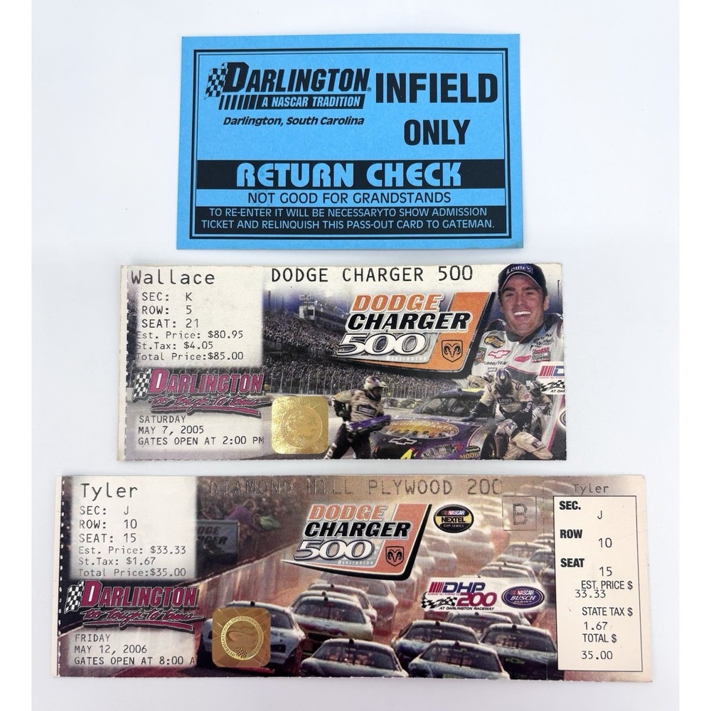 Lot of 3 NASCAR Darlington Raceway Ticket Stubs Dodge Charger 500 DHP 200 2005